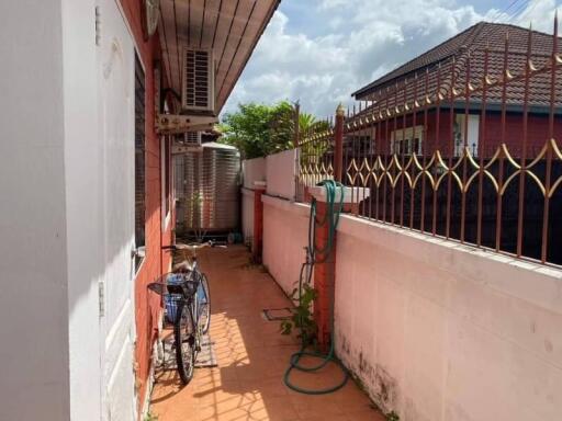 Narrow outdoor alley with bicycle and gardening hose