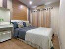 Cozy modern bedroom with double bed and decor