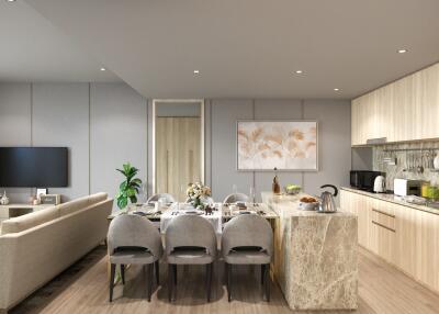 Spacious living and dining area with modern kitchen