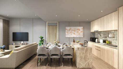 Spacious living and dining area with modern kitchen