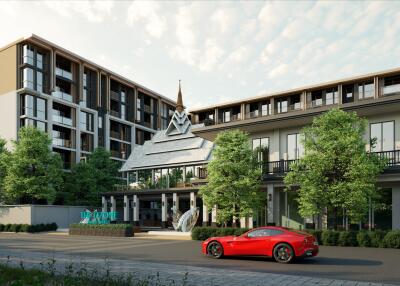 Modern condominium building with greenery and a sports car in the driveway