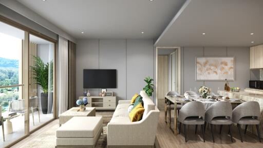 Spacious living room with dining area