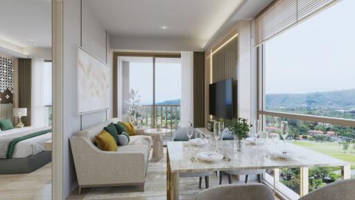 Modern living and dining room with a view