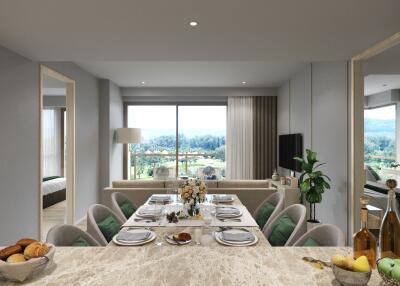 Modern open-plan living room and dining area with a scenic view