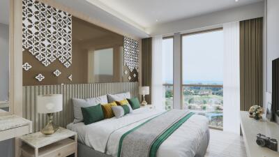 Modern bedroom with large windows and decorative wall panels