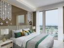 Modern bedroom with large windows and decorative wall panels