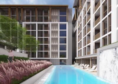 Modern apartment building with swimming pool