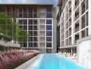 Modern apartment building with swimming pool