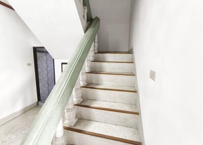 Interior staircase with white steps and green handrail