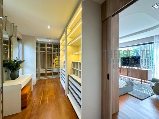 Modern bedroom with walk-in closet and natural lighting