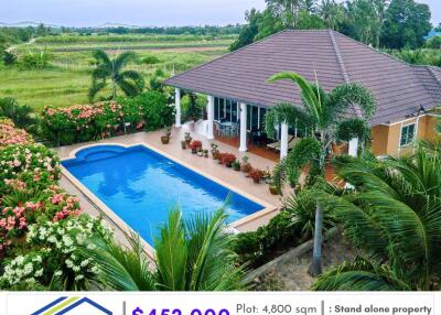 Aerial view of a standalone property with a swimming pool and garden.