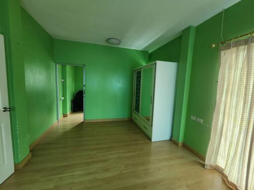 Green-painted bedroom with wooden flooring, wardrobe, and large window