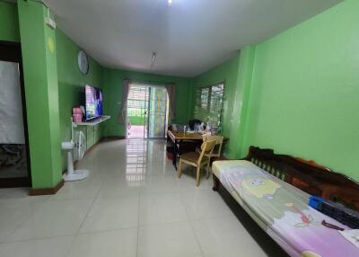 Bright living room with green walls and tiled floor