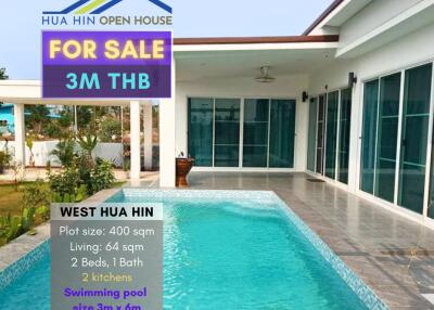 View of bungalow with swimming pool, for sale sign