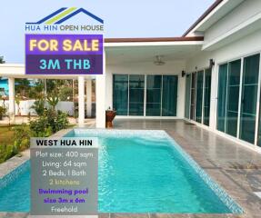 View of bungalow with swimming pool, for sale sign