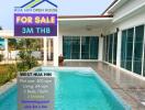 View of bungalow with swimming pool, for sale sign