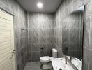 Modern bathroom with grey tiled walls and floor, white toilet and sink.