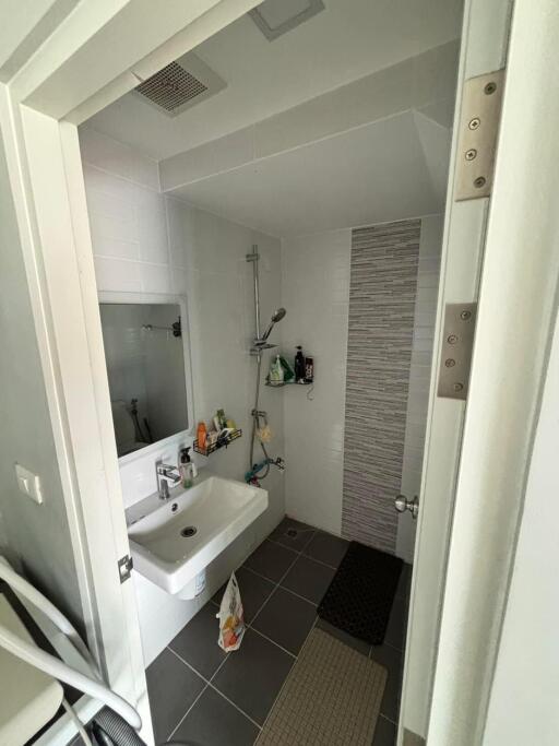 Modern bathroom with a walk-in shower and a white sink