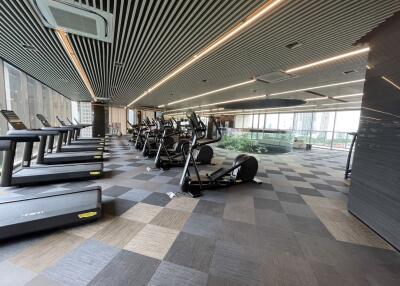 Modern gym with various exercise equipment and city view