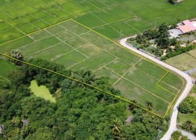 Aerial view of a land plot outlined in yellow, surrounded by greenery