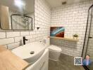 Modern bathroom with white subway tiles, a round vessel sink, and a wall-mounted mirror