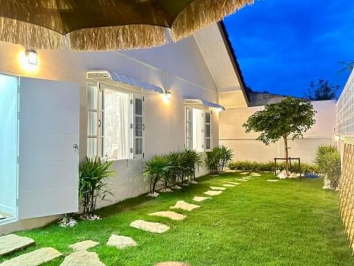 Well-lit backyard with pathway and greenery