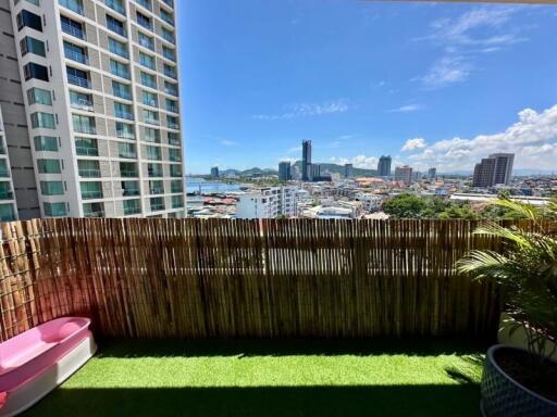 High-rise balcony with city and skyline view