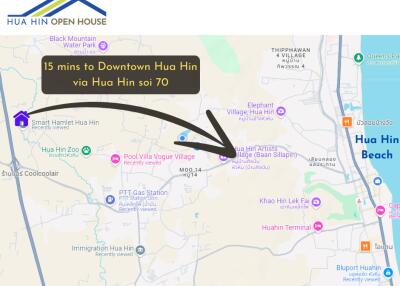 Map showing locations and travel time to downtown Hua Hin