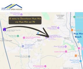 Map showing locations and travel time to downtown Hua Hin