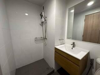 Modern bathroom with shower area and sink