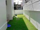 Backyard lawn area between buildings