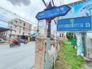 Street view with directional sign and surrounding buildings