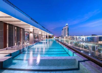 rooftop pool at dusk