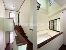 Staircase and hallway area with windows and natural light