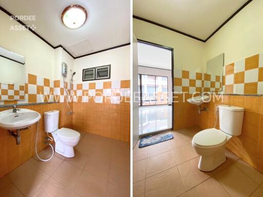 Dual view of a clean, modern bathroom with orange and white tile decor, equipped with sink, toilet, and shower.