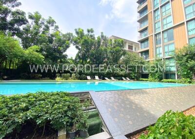 Outdoor pool area with seating in a residential building