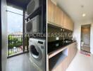 Laundry area with washing machine and air conditioning units, kitchenette with built-in cabinets and sink