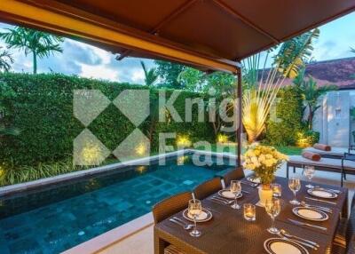 Outdoor dining area with pool