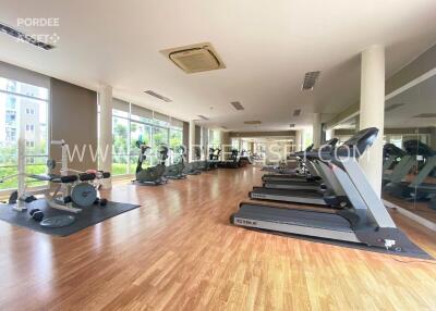 Fully-equipped gym with modern exercise machines and wooden flooring