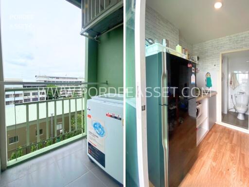 balcony and utility area with a washing machine, refrigerator, and storage space