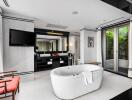 Modern bathroom with freestanding bathtub and large mirror