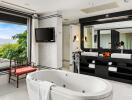 Spacious bathroom with large bathtub and dual sinks