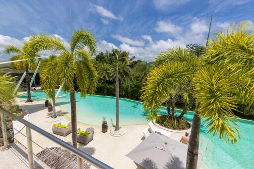 Outdoor swimming pool with palm trees and clear blue sky