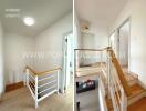 Staircase and hallway with wooden handrail and white walls