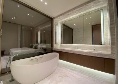 Modern bathroom with freestanding tub and double vanity