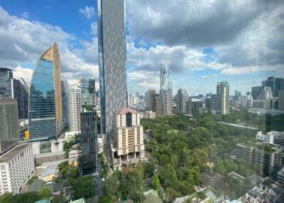 Skyline view of city buildings and park