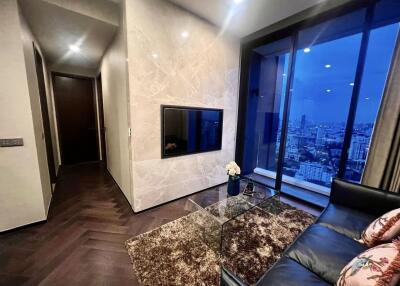 Modern living room with a city view