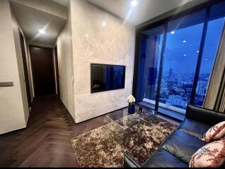 Modern living room with a city view