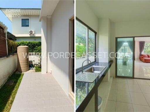 Outdoor area and kitchen inside a residential property