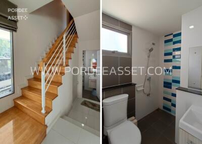 Stairs leading up and modern bathroom with shower